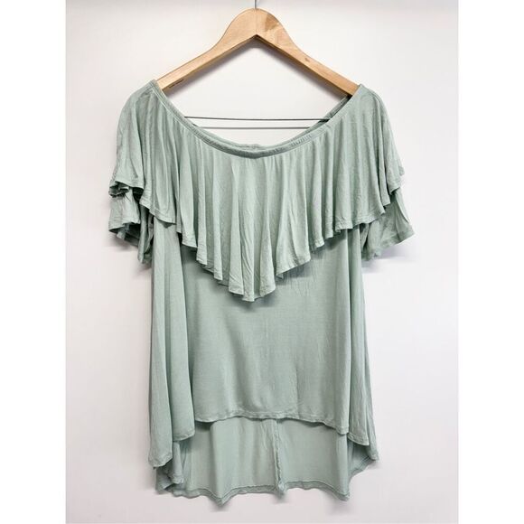 Free People Beach Off Shoulder Shirt Ruffle Green Pullover Size Large - Picture 2 of 8